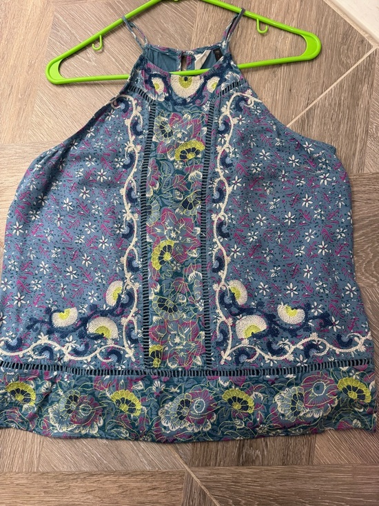 Anthropologie Tops - Anthropologie Embroidered Halter Top Boho Floral Blue Sleeveless Size Medium